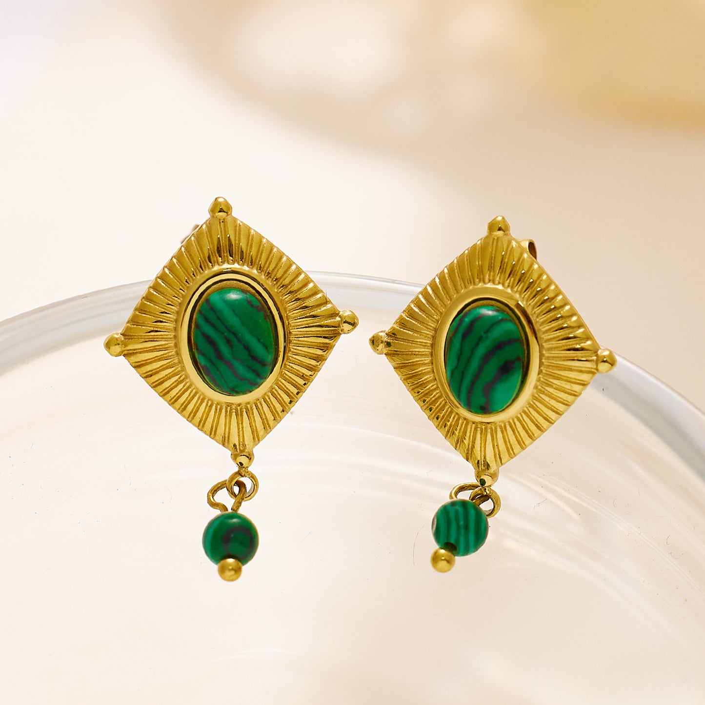 Stainless steel plated 18-karat gold with green earrings