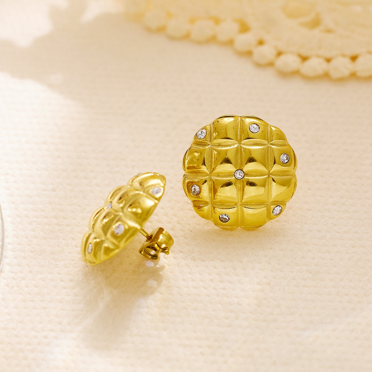 Stainless steel plated 18K gold turtle shell with diamond earrings