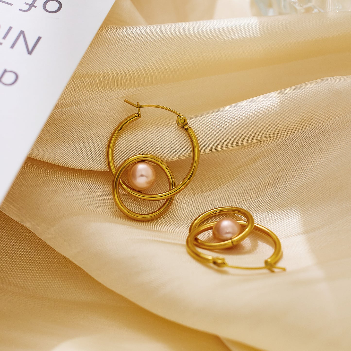 Stainless steel plated 18-karat gold double hoop with pearl earrings