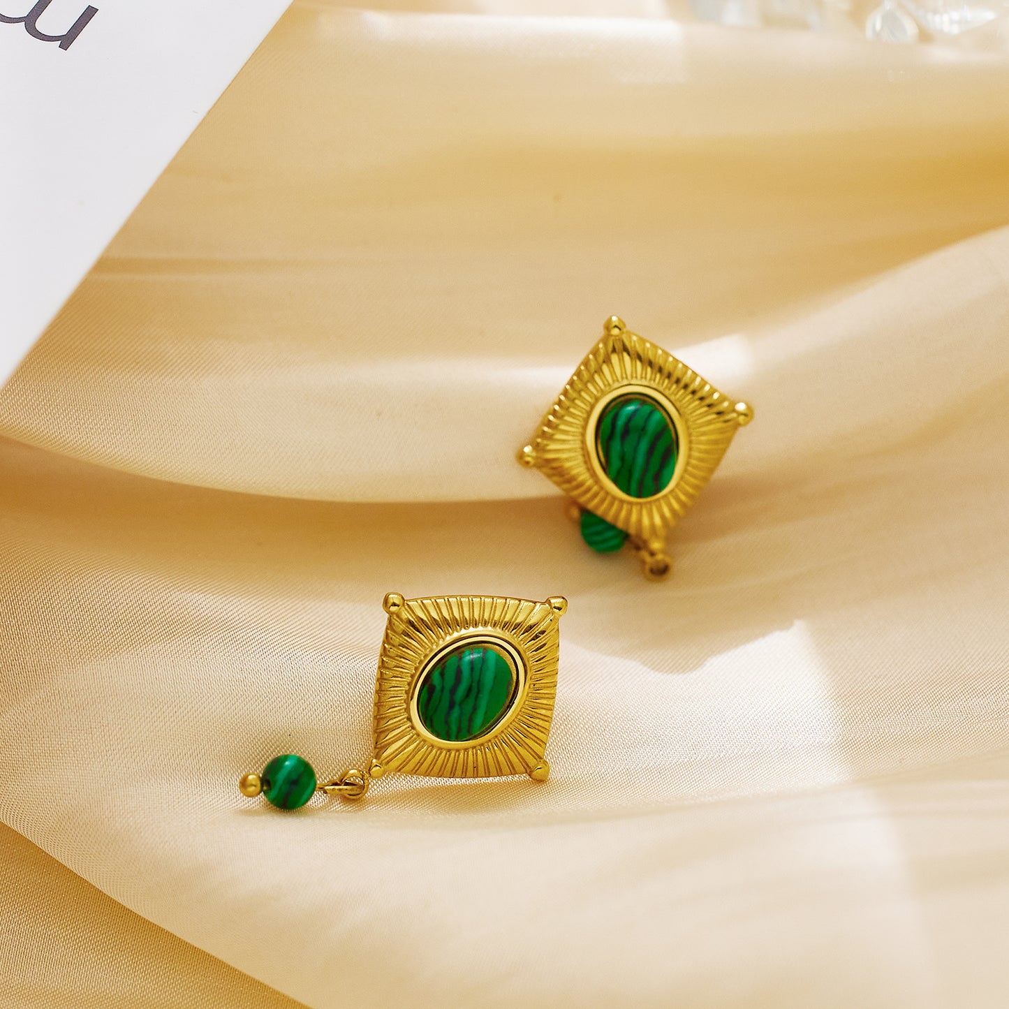 Stainless steel plated 18-karat gold with green earrings