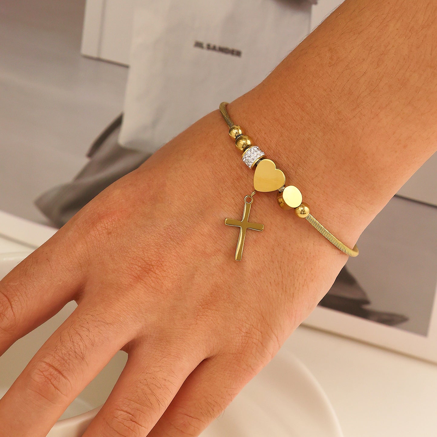 Stainless steel plated 18K love cross gold bracelet