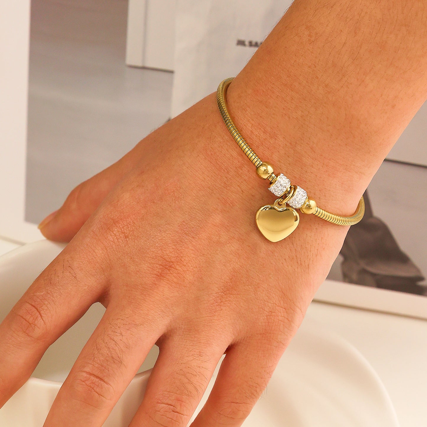 Stainless steel plated gold bracelet with 18K heart