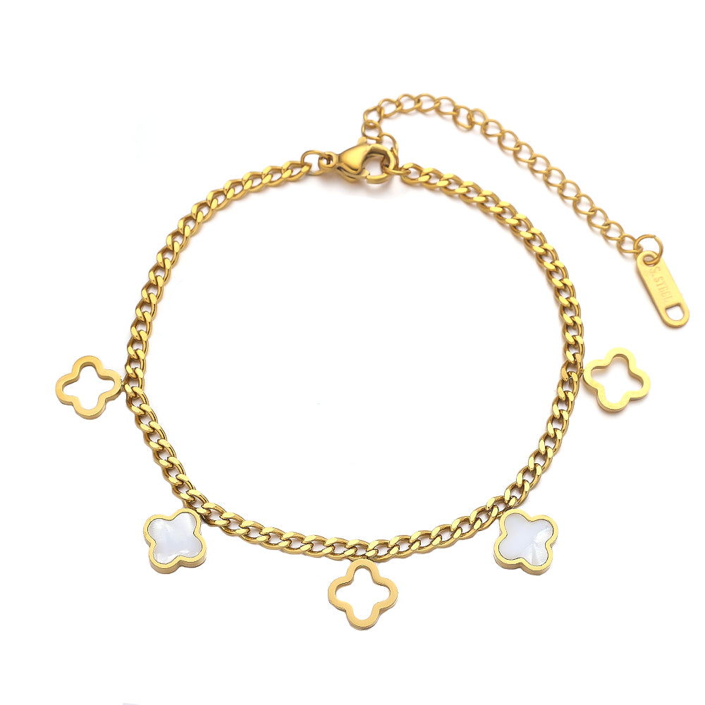 Stainless steel plated 18-karat gold four-leaf clover bracelet