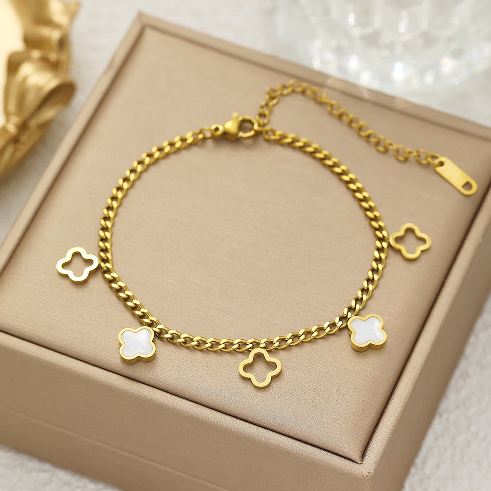 Stainless steel plated 18-karat gold four-leaf clover bracelet