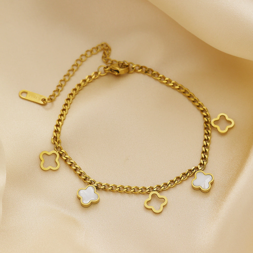 Stainless steel plated 18-karat gold four-leaf clover bracelet