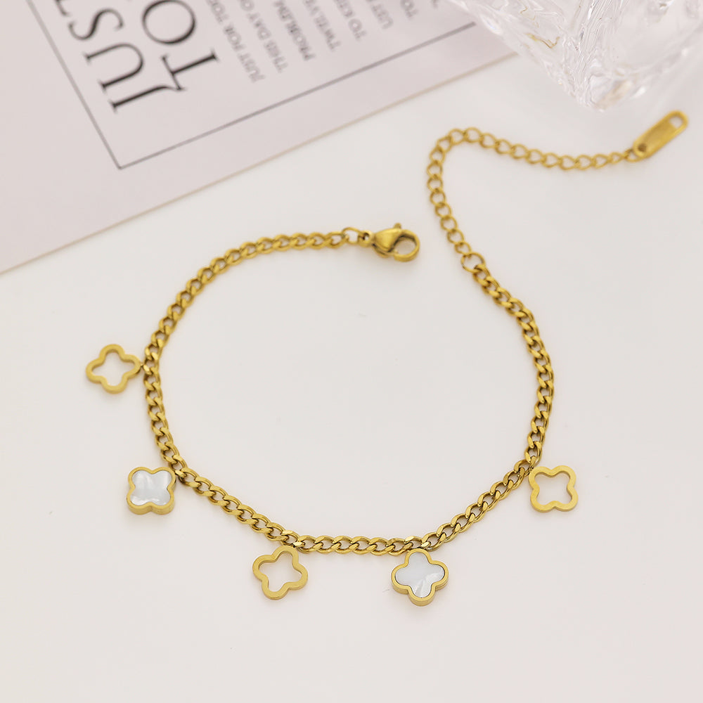 Stainless steel plated 18-karat gold four-leaf clover bracelet