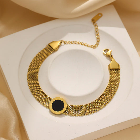 Black Circle Pendant Watch Strap Bracelet – Minimalist Stainless Steel Jewelry, Scratch Resistant & Comfortable