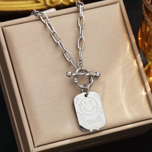 316 Stainless Steel OT Chain Necklace with Heart & Smiley Pendant | Trendy Statement Jewelry for Women