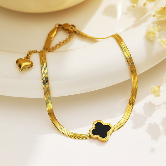 316 Stainless Steel Herringbone Chain Bracelet with Black Clover Pendant | Lucky Gold Plated Jewelry for Women