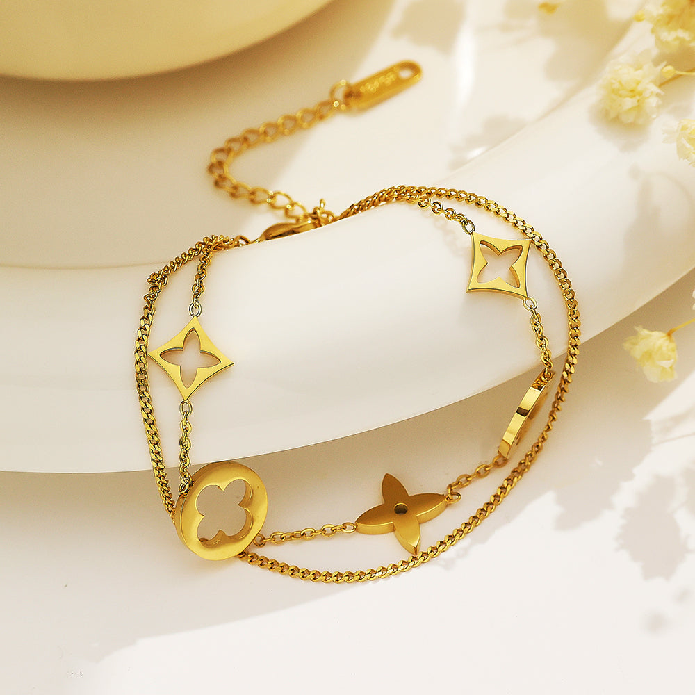 316 Stainless Steel 18K Gold Plated Double Layer Flower Bracelet | Minimalist Layered Jewelry for Women