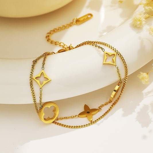 316 Stainless Steel 18K Gold Plated Double Layer Flower Bracelet | Minimalist Layered Jewelry for Women