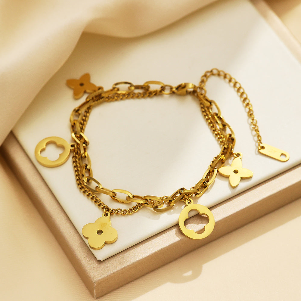 316 Stainless Steel 18K Gold Plated Double Layer Flower Bracelet | Elegant Layered Jewelry for Women