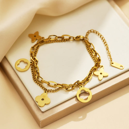 316 Stainless Steel 18K Gold Plated Double Layer Flower Bracelet | Elegant Layered Jewelry for Women