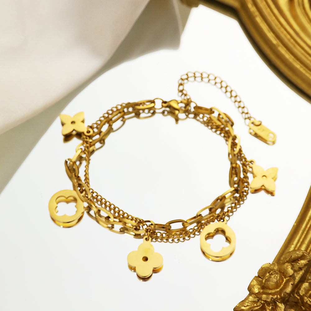 316 Stainless Steel 18K Gold Plated Double Layer Flower Bracelet | Elegant Layered Jewelry for Women