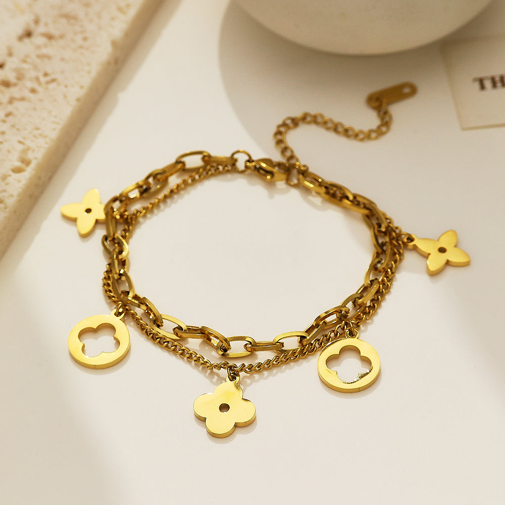 316 Stainless Steel 18K Gold Plated Double Layer Flower Bracelet | Elegant Layered Jewelry for Women