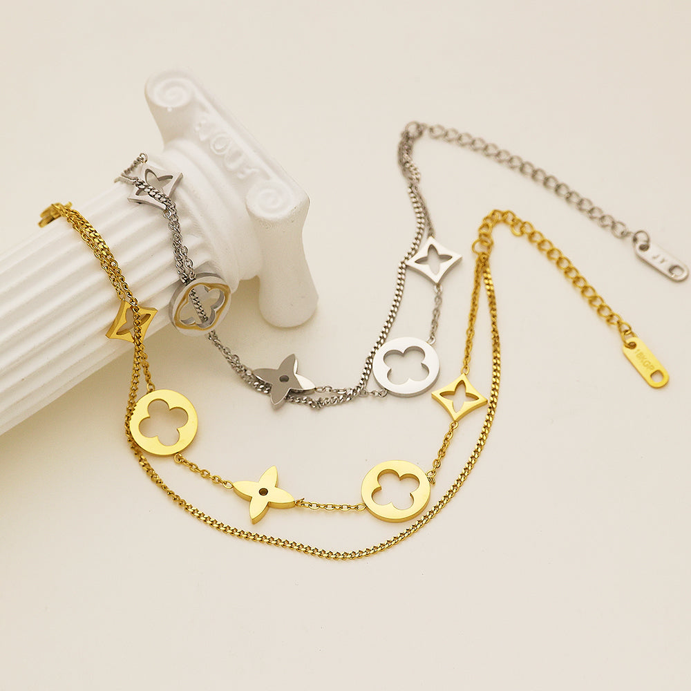316 Stainless Steel 18K Gold Plated Double Layer Flower Bracelet | Minimalist Layered Jewelry for Women