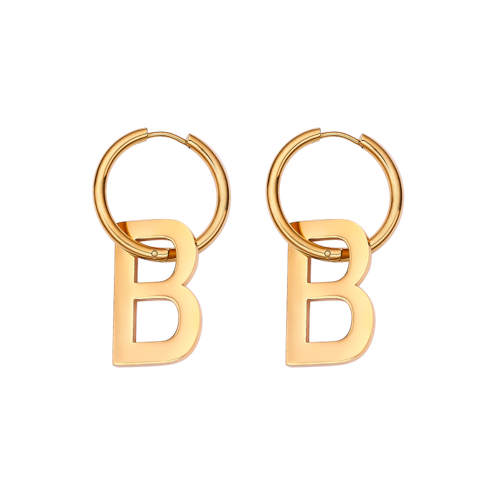 Boucles d'oreilles bouton rond lettre B en acier inoxydable plaqué or 18 carats