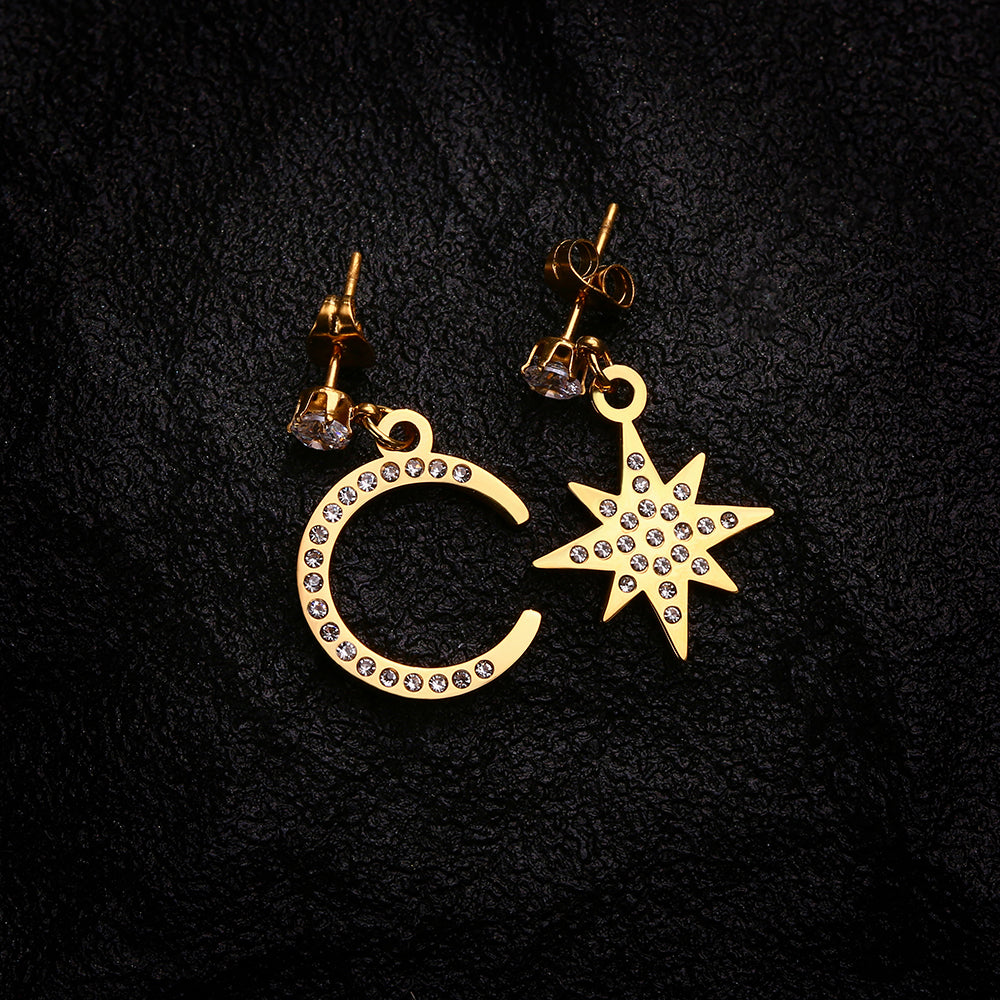 Stainless steel plated 18-karat gold diamond star moon earrings