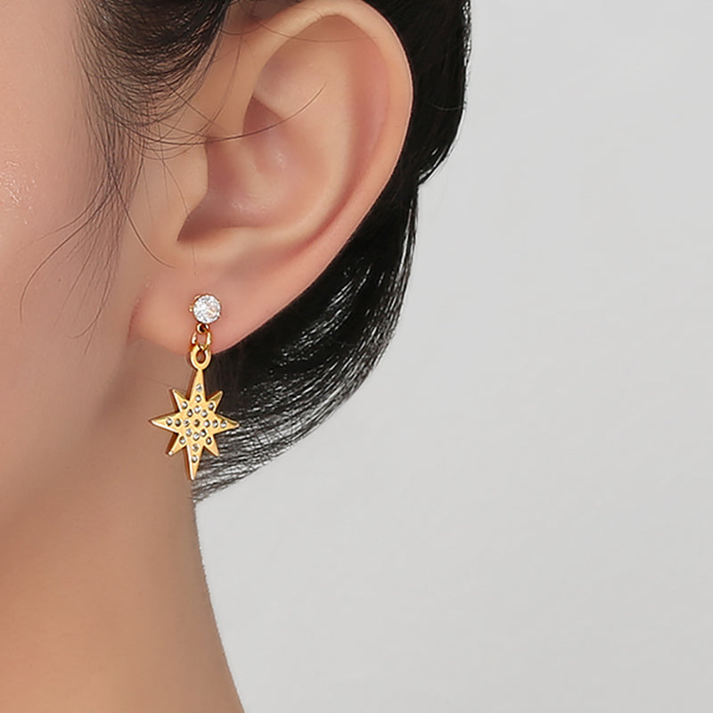 Stainless steel plated 18-karat gold diamond star moon earrings