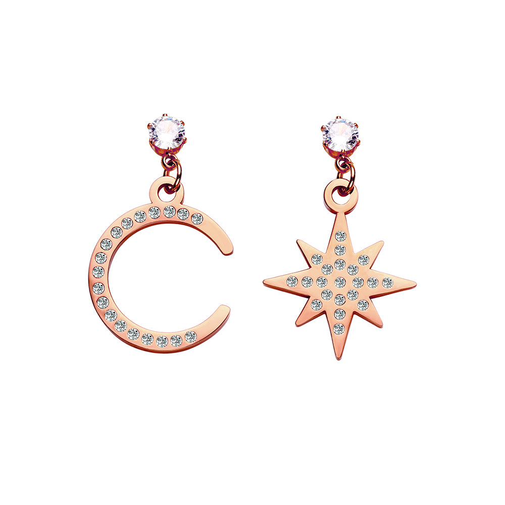 Stainless steel plated 18-karat gold diamond star moon earrings