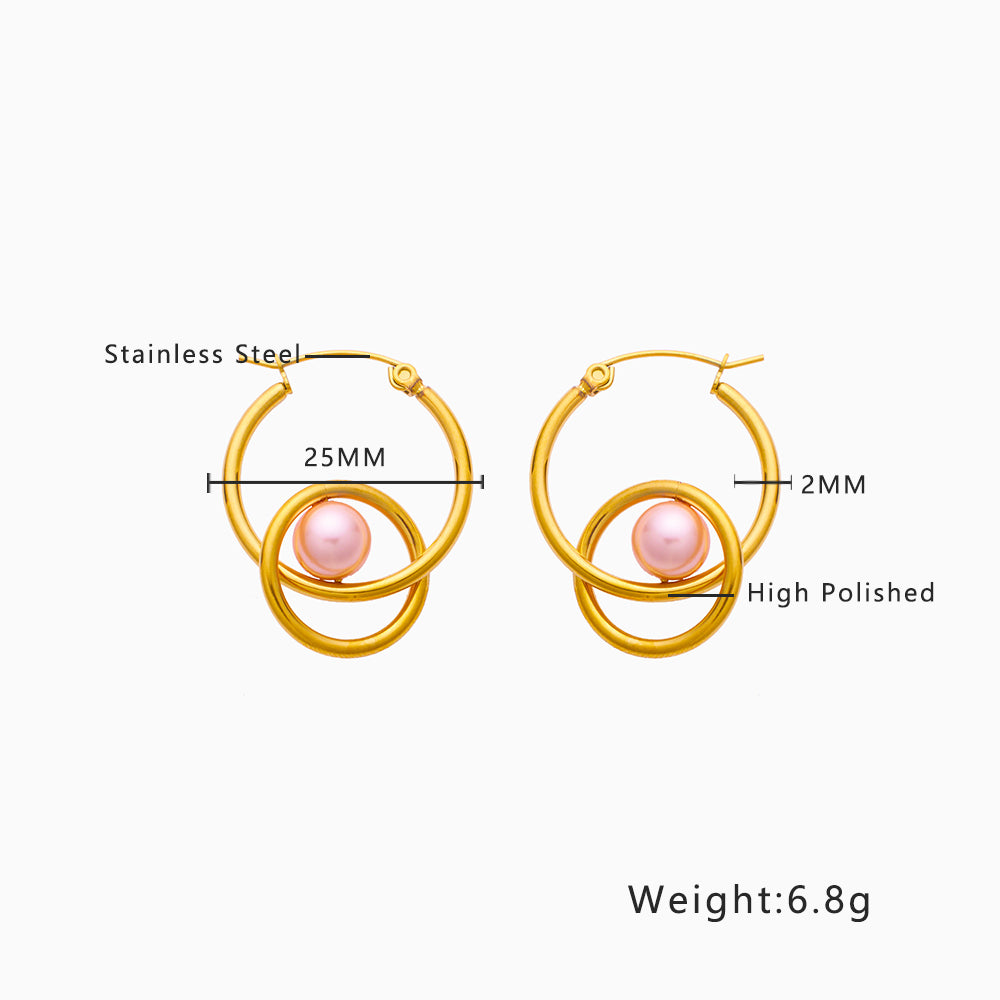 Stainless steel plated 18-karat gold double hoop with pearl earrings