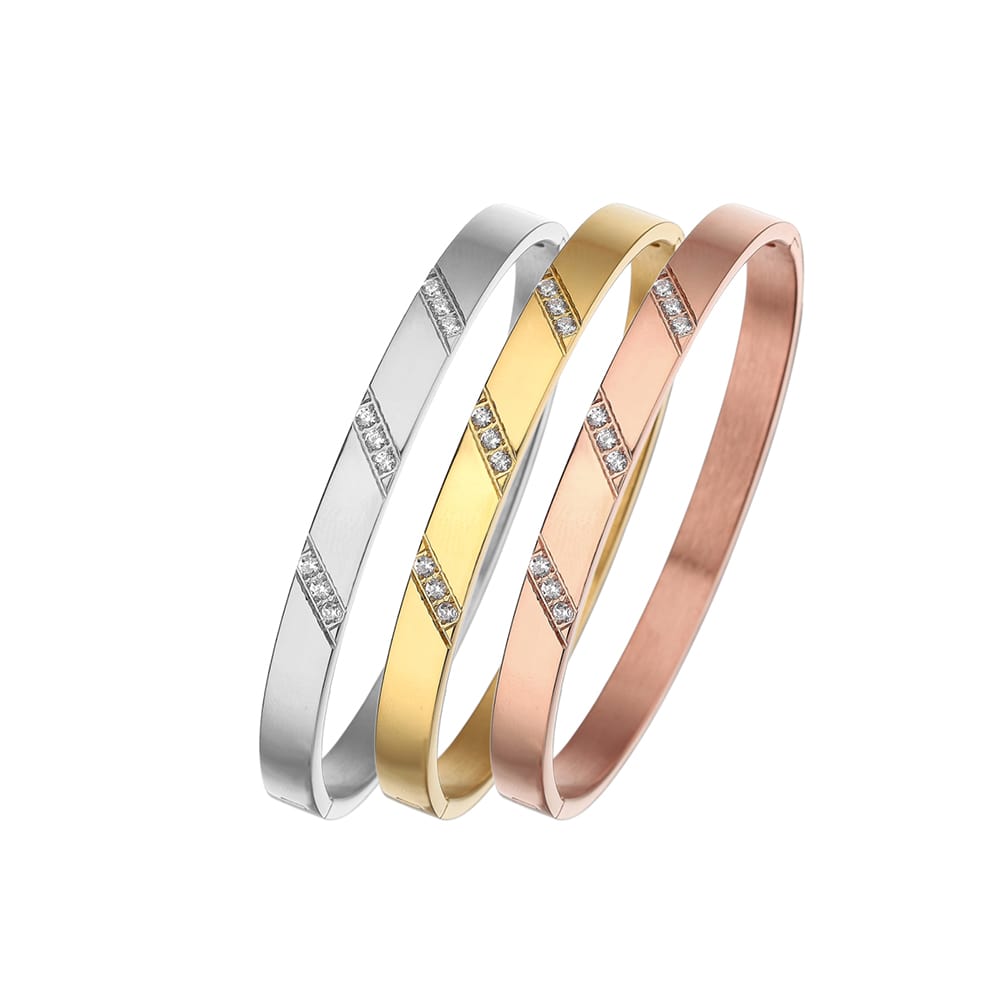 Stainless steel 18K gold plated parallelogram zircon bangle