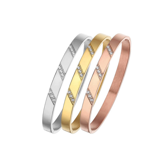 Stainless steel 18K gold plated parallelogram zircon bangle