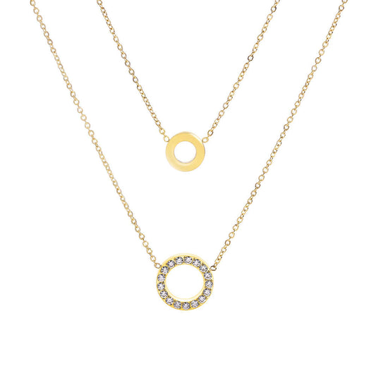 Stainless steel 18K gold plated round zircon double necklace