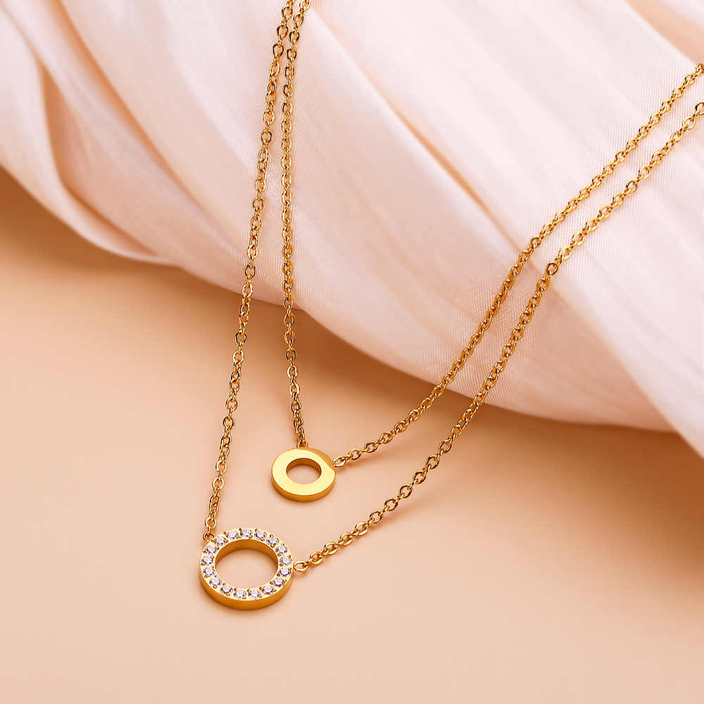 Stainless steel 18K gold plated round zircon double necklace