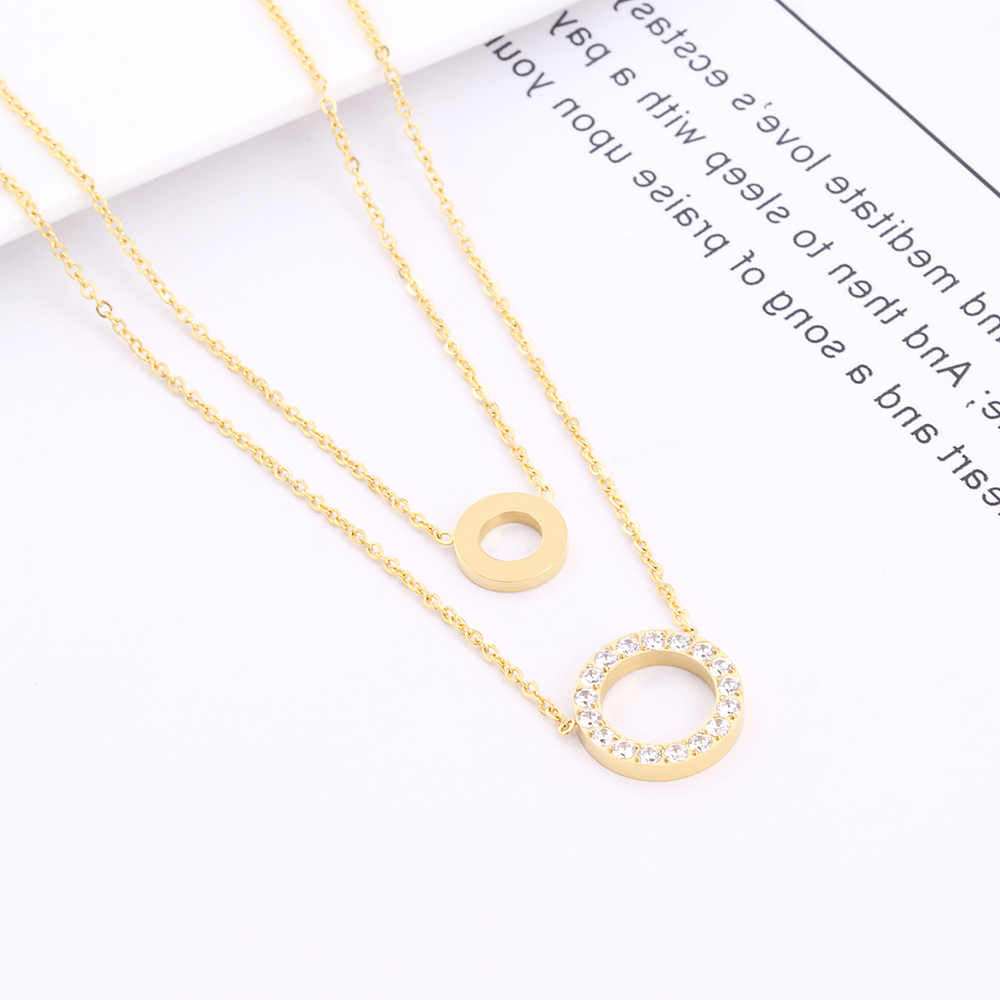 Stainless steel 18K gold plated round zircon double necklace