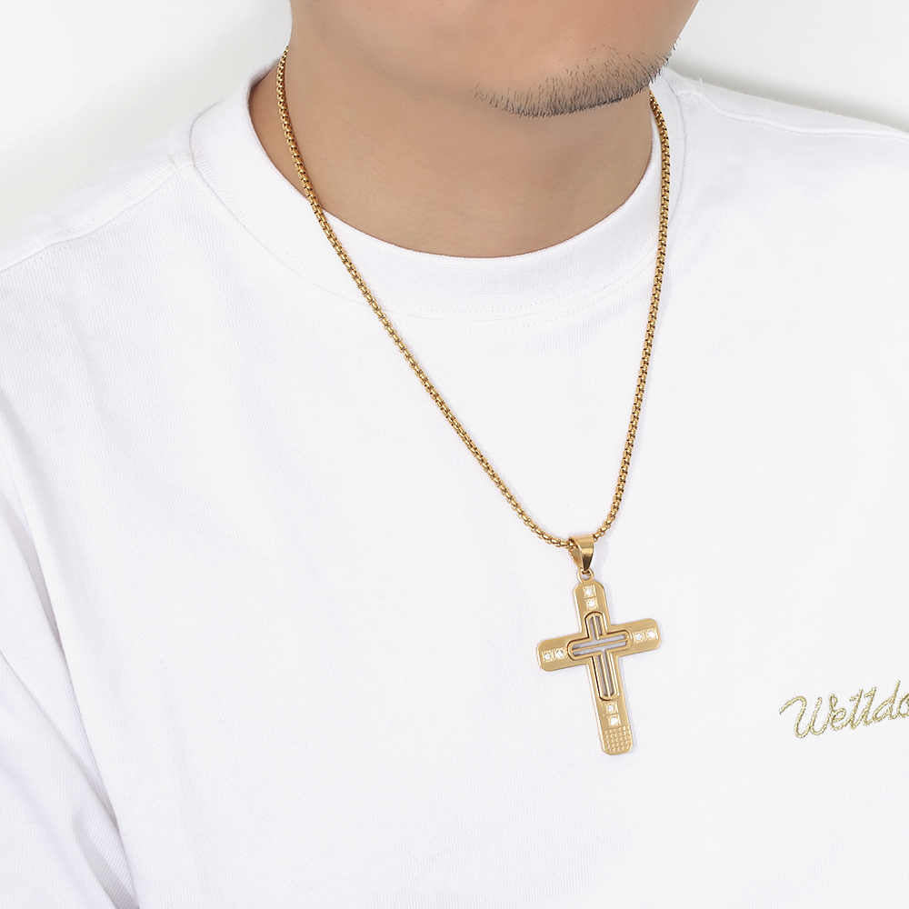 Men's stainless steel 18K gold plated cross necklace