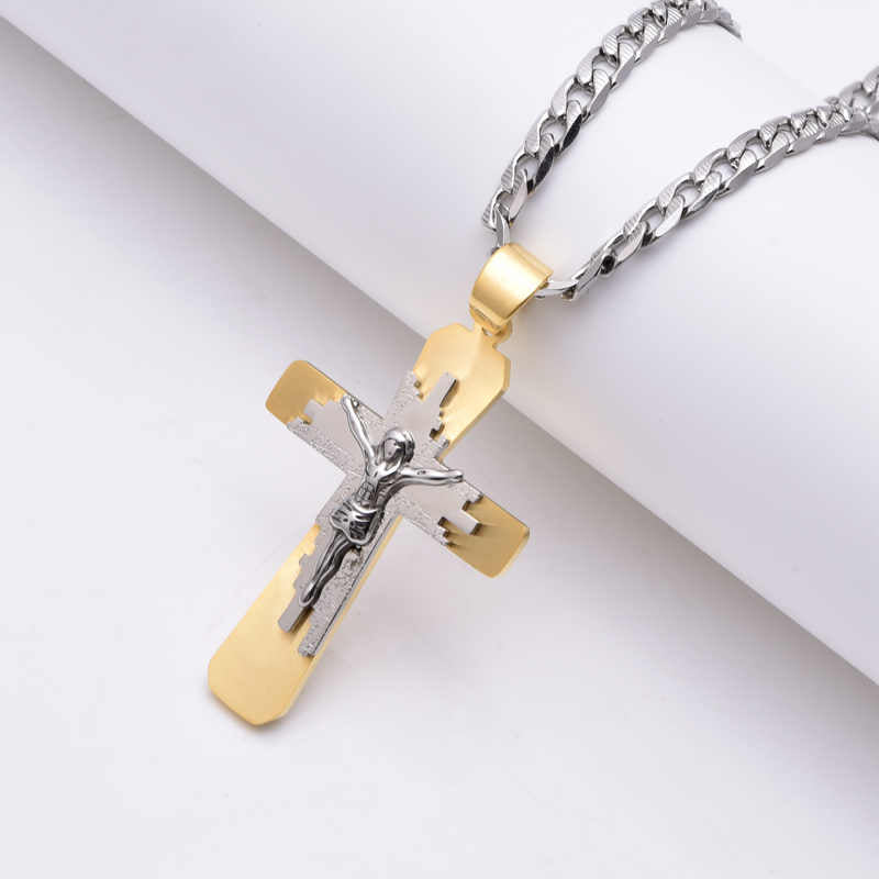 Men's stainless steel 18K gold plated cross necklace