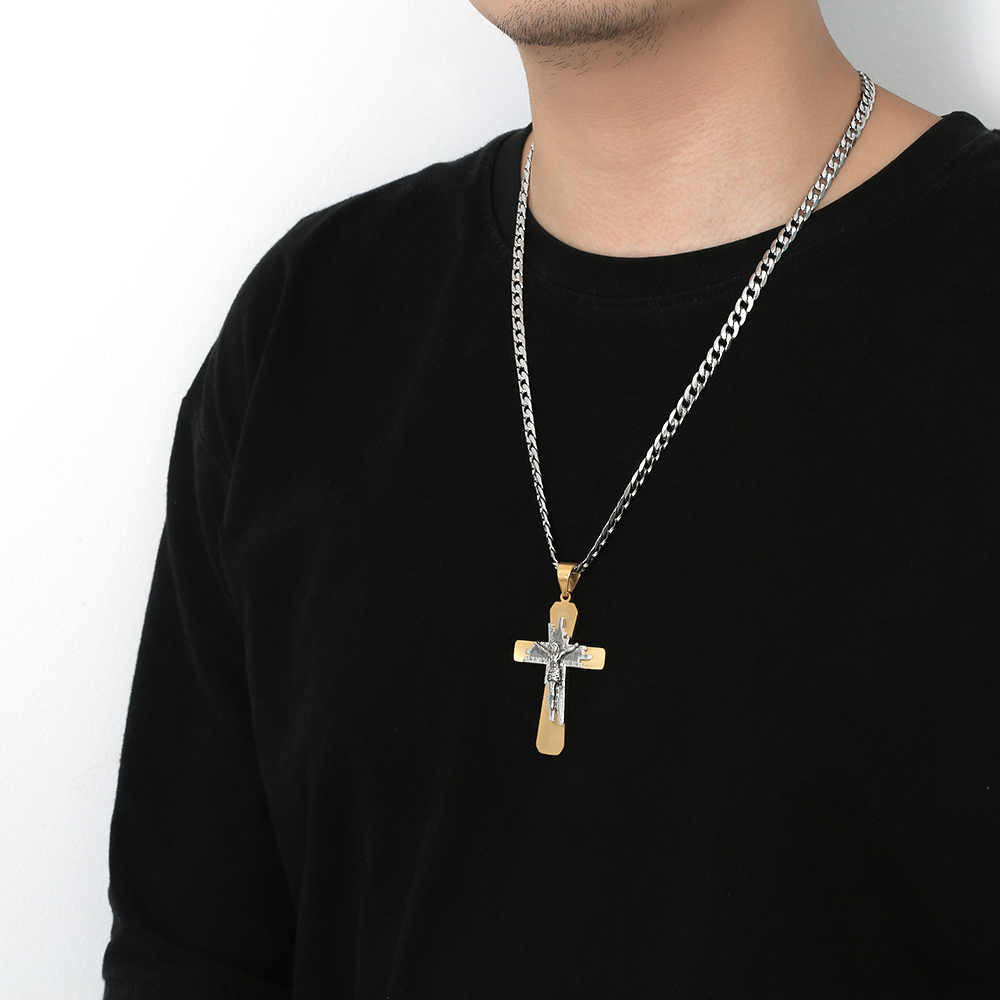 Men's stainless steel 18K gold plated cross necklace