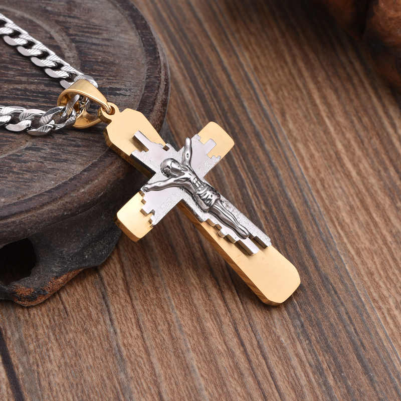 Men's stainless steel 18K gold plated cross necklace