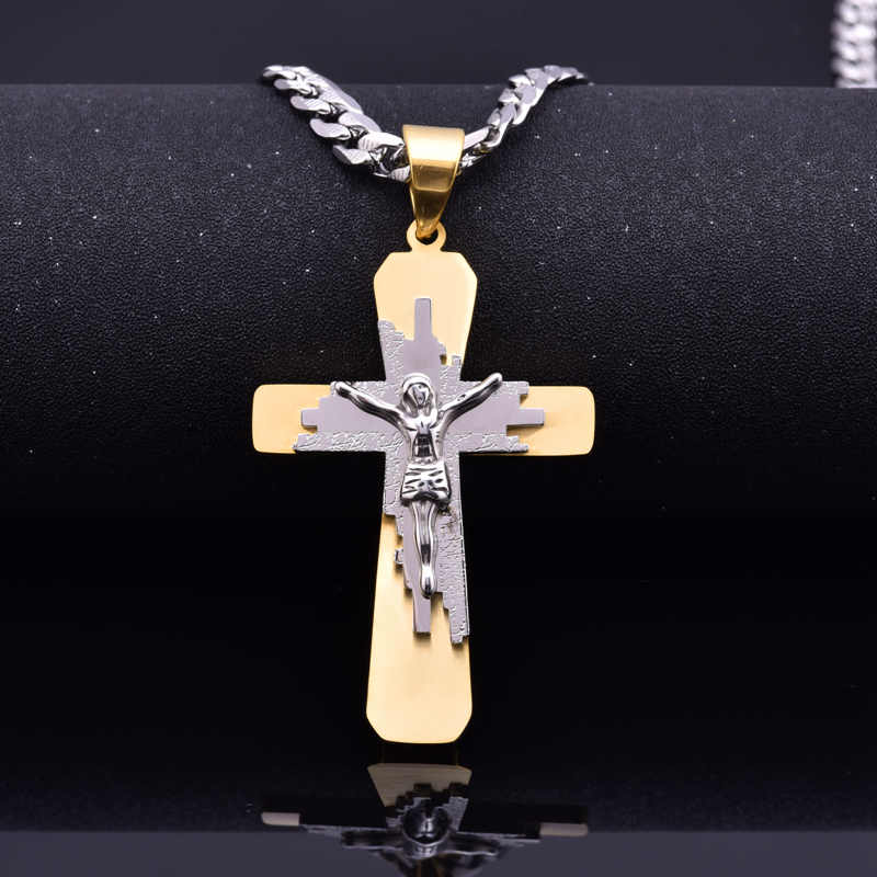 Men's stainless steel 18K gold plated cross necklace