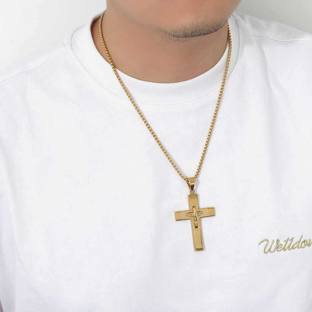 Men's stainless steel 18K gold plated cross necklace