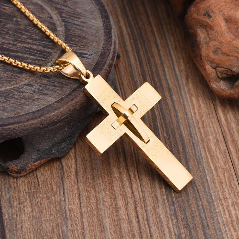 Men's stainless steel 18K gold plated cross necklace