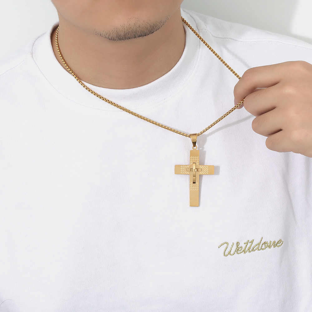 Men's stainless steel 18K gold plated cross necklace