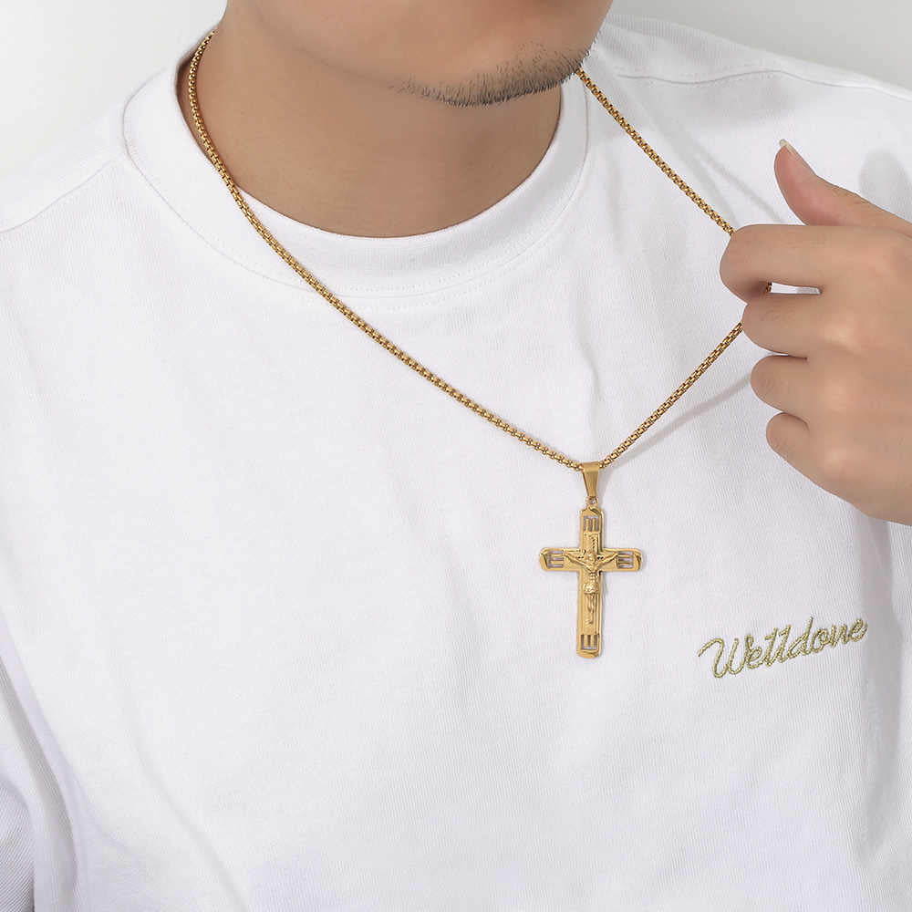 Men's stainless steel 18K gold plated creative design cross necklace