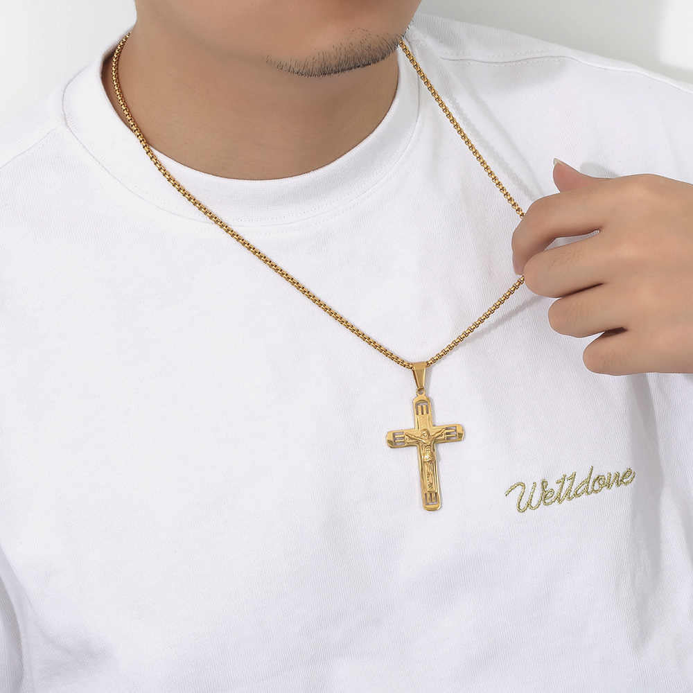 Men's stainless steel 18K gold plated creative design cross necklace