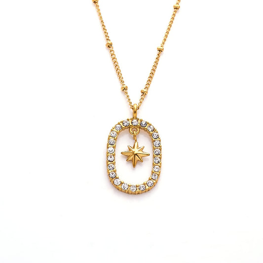 Stainless steel 18k gold-plated zircon star hollow pendant necklace