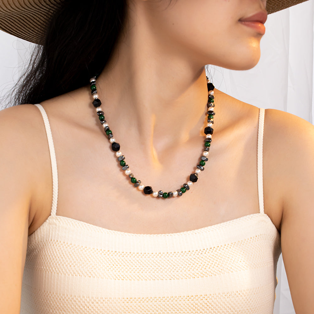Black Irregular Obsidian, White Pearls & Green & Blue Chalcedony Necklace