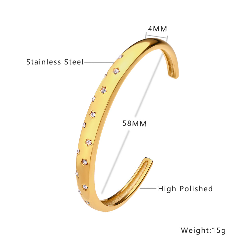 Stainless steel 18K gold plated zircon star bangle