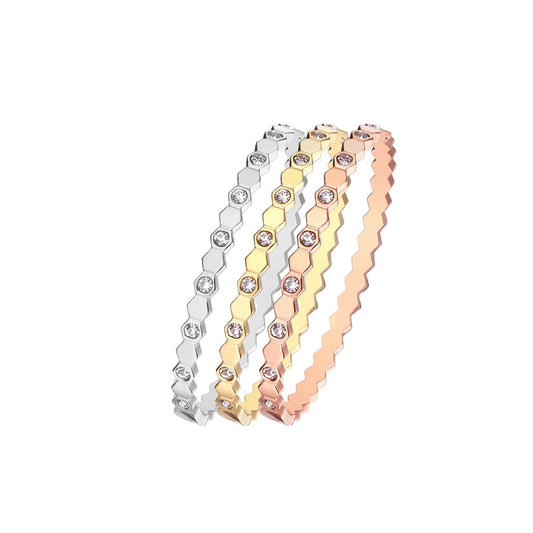 Stainless steel 18K gold plated hexagonal zircon bangle