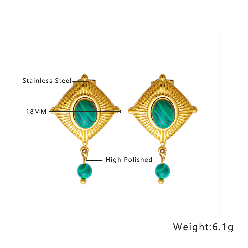 Stainless steel plated 18-karat gold with green earrings