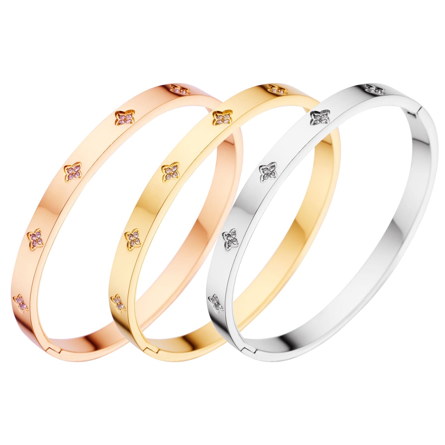 Stainless steel 18K gold-plated four-leaf zircon bangle