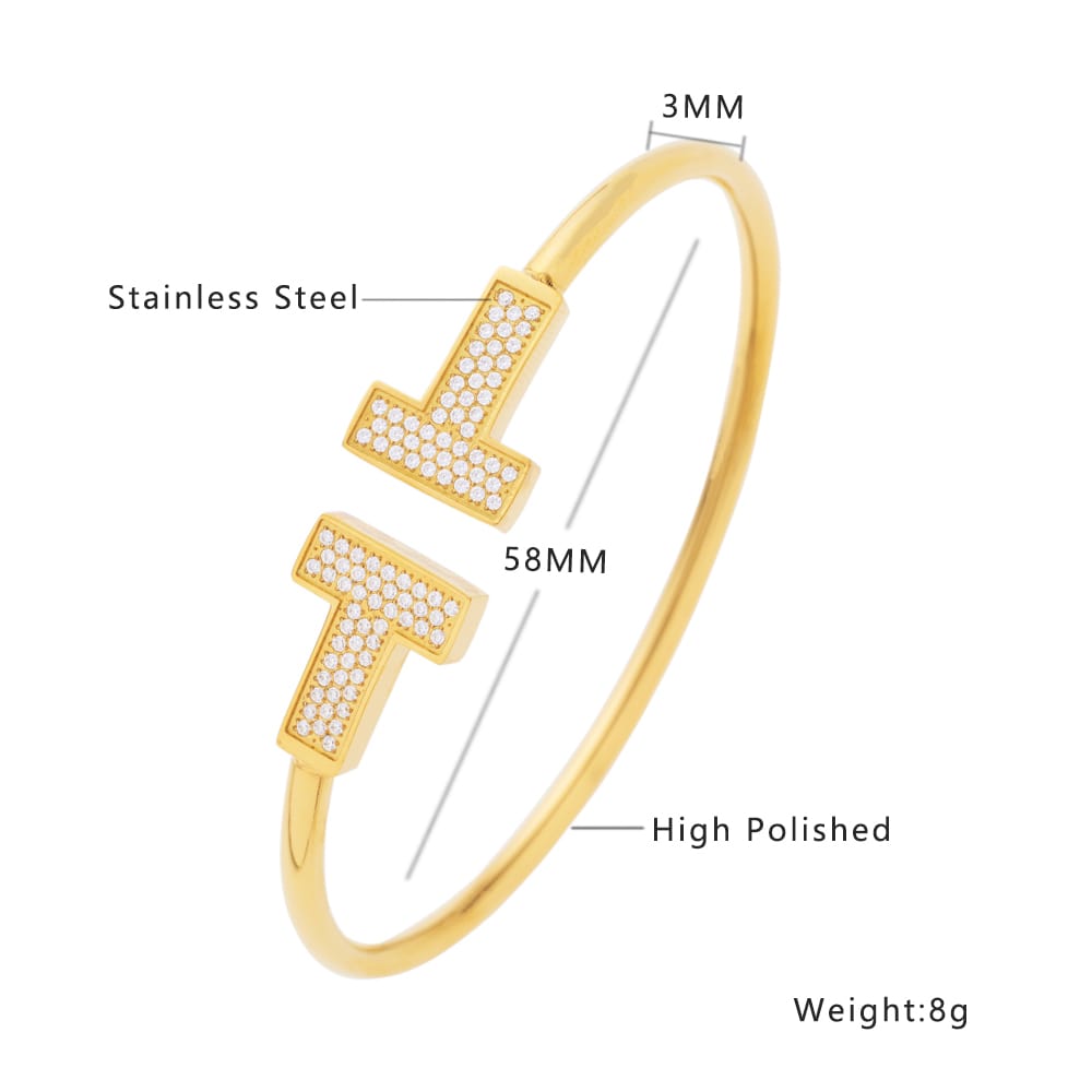 Stainless steel 18K gold plated zircon opened bangle