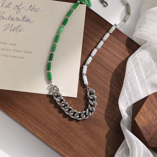 Green & White Fusion Cuban Necklace – Mixed Design with Stainless Steel Cuban Chain and Bamboo-Style Stones
